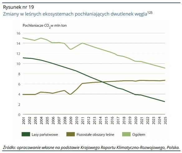 Wykres z raportu NIK – pochłanianie co2 przez lasy